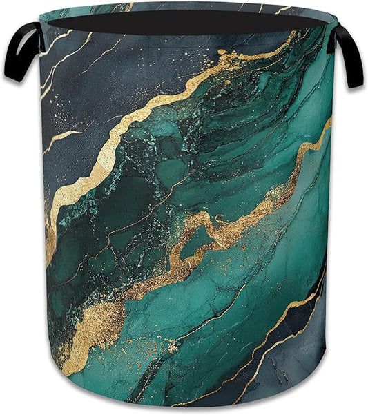 Marble Laundry Basket,Foldable Oxford Cloth Green Gold Flowing Marble Laundry Hamper With Handle, 20.8"x16" Portable Clothes Storage Basket Bag for Laundry Room/Bathroom/Bedroom/Dormitories