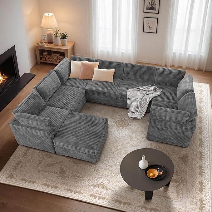 Large 8 Seat Modular Sectional Sofa with Ottoman Seat Corduroy Sleeper Sectional Sofa Bed Oversized Convertible Modular Couch for Living Room