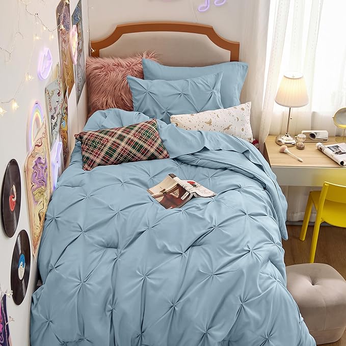 Bedsure Twin Comforter Set Light Blue - Bed in a Bag Twin Size Bedding 5 Pieces, GentleSoft™ Pintuck Bed Set Gift for Family, Pinch Pleat Light Blue Comforter with Sheets, Pillowcase & Sham