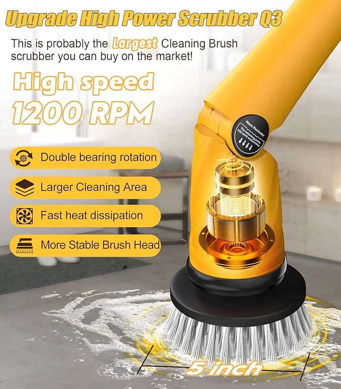 Qimedo Electric Spin Scrubber Extra Large Brush Q3,6000 mAh Best Battery Power Scrubber for Cleaning,1200RPM Shower Cordless Cleaning Brush with 8 Brushes for Bath/Tub/Tile/Floor (Smart Display)