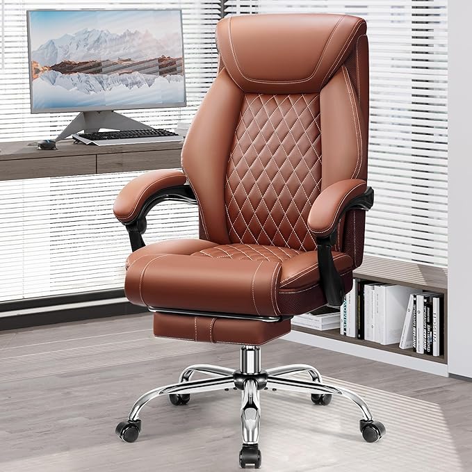 Office Chair, Executive Leather Chair Adjustable High Back, Ergonomic Computer Desk Chair Lumbar Support, Big and Tall Office Chair with Footrest, Comfy Reclining Chair for Home Office