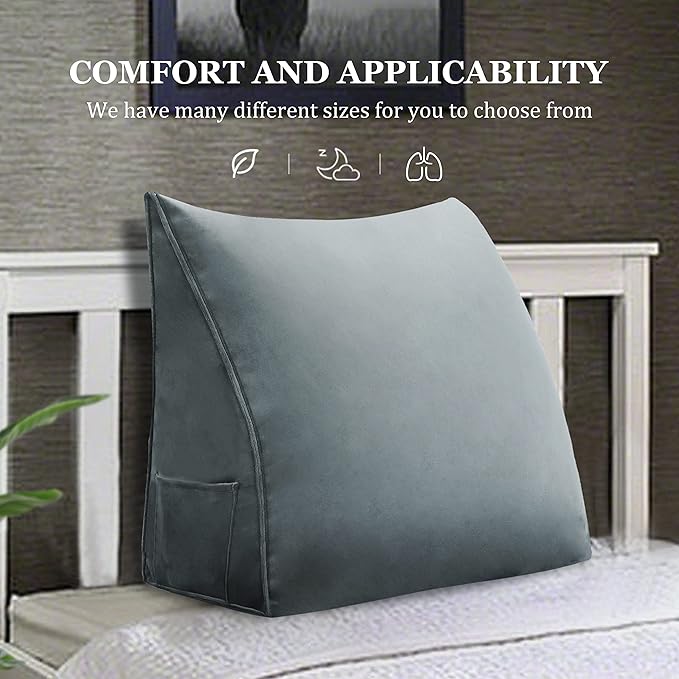 Bed Wedge Pillow for Headboard Small Bolster Pillow Reading Pillows for Sitting Up in Bed Adult, Triangular Backrest Cushion Book Pillows for Daybed Couch Support Upholstered LightGray