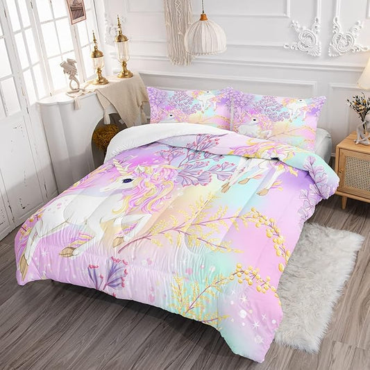 CVHOUSE Rainbow Unicorn Bedding Queen Size,Rainbow Unicorn Bedding Set for Girls Kids Teens,Rainbow Unicorn Comforter Set Unicorn Duvet Set Unicorn Quilt Set Girls Room Decor 3 Pieces