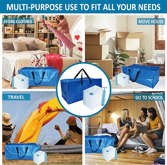 16 Pack Heavy Duty Extra Large Moving Bags with Backpack Straps & Large Vacuum Storage Bags Moving Supply Combo, Moving Totes with Handles & Zippers for Space Saving, Fold Flat, Includes Vacuum Bags
