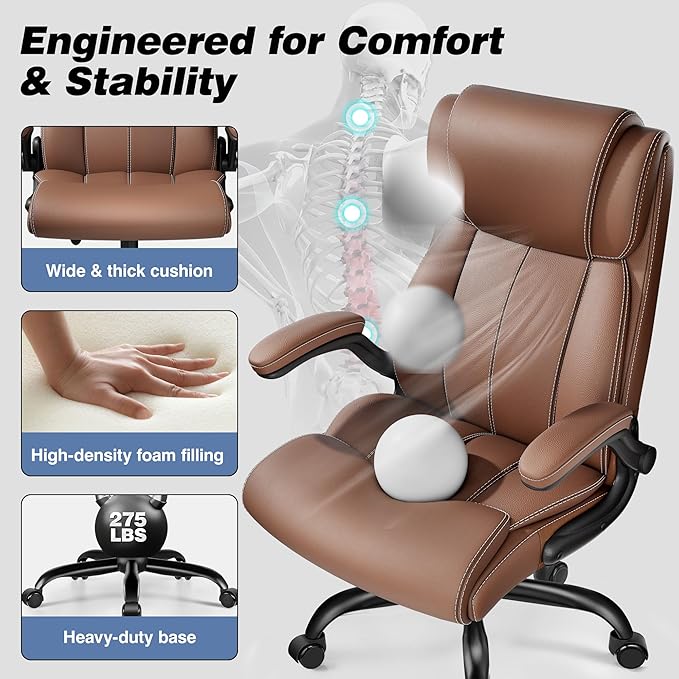 Ergonomic Office Chair - Home Desk Computer Chair, Leather High Back Executive Chairs with Adjustable Lumbar Support & Flip-up Arms, Rocking Swivel Comfy, Brown