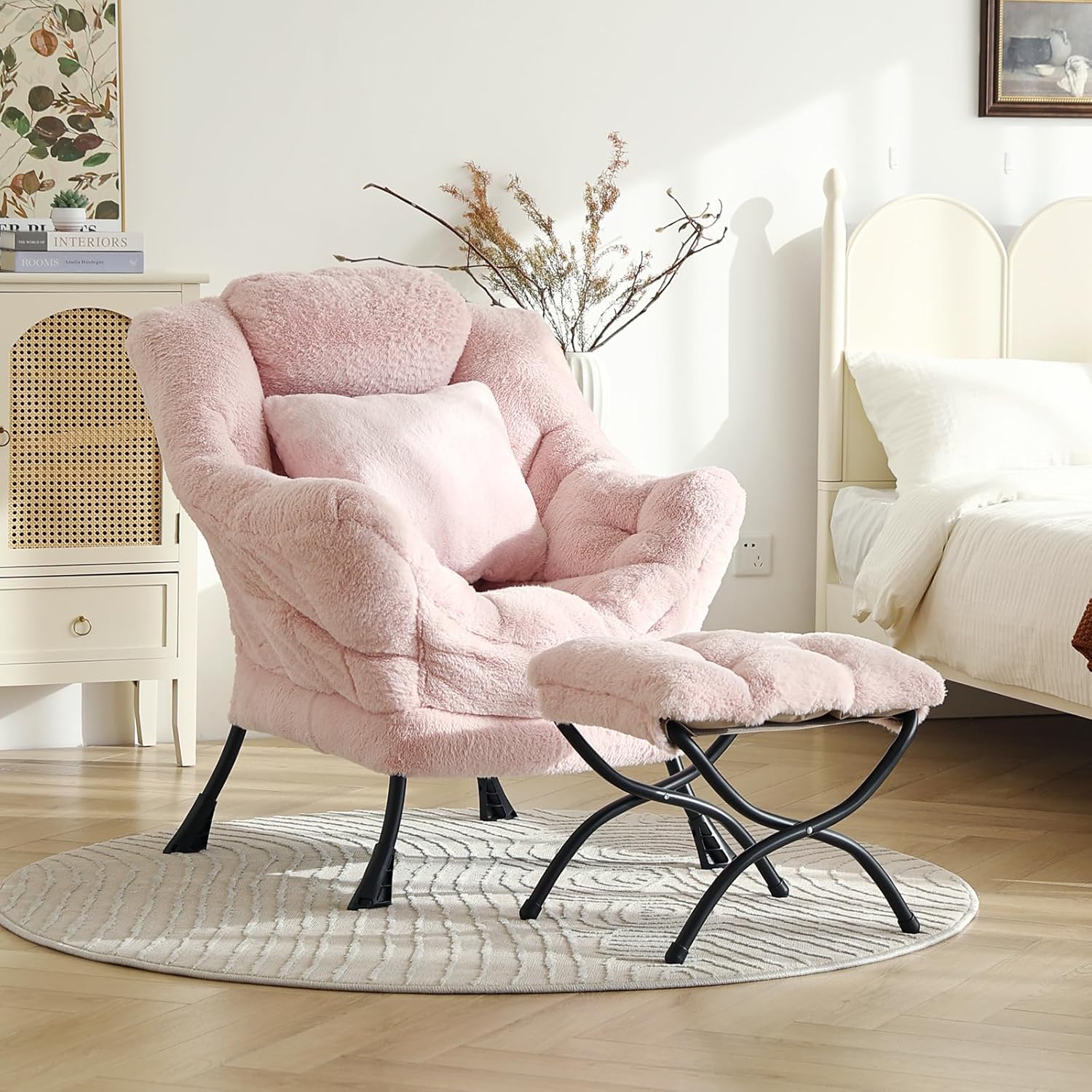 Lazy Chair with Ottoman, Large Pink Accent Chair with Ottoman and FA Throw Pillow, Comfy Plush Reading Chair for Living Room Bedroom Dorm Room Office Apartment Relaxing Use Dormly