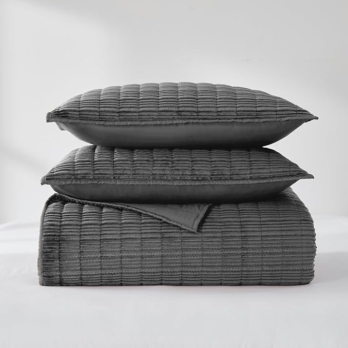 Wonderful Luxury Velvet Quilt - Striped Channel Stitch Black Grey Quilt Queen, Soft Corduroy Lightweight Comforter, Pet-Friendly, Tear-Resistant, Bedspread Coverlet Bedding Set for All Season,94"x94"