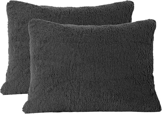 Reafort Ultra Soft Sherpa Pillowcases Pillow Covers Standard Size 20"x26" Pack of 2 with Zipper Closure (Black, 20”x26” Standard Sham)
