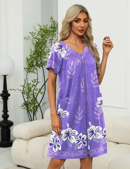 Ekouaer Women Robe Zipper Front Mumu Duster Robes Zip Up Housecoat Soft Sleepwear with Pockets