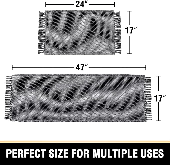 H.VERSAILTEX Waffle Bath Mat Super Absorbent Boho Bath Mat Non Slip Bath Rugs for Bathroom Floor Machine Washable Dry Fast Bathroom Rugs with Tassels (47 x 17 Plus 17 x 24 Inches, Gray)