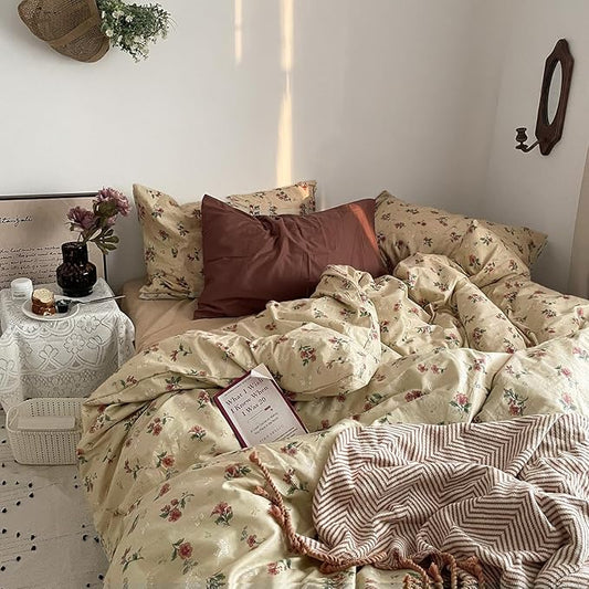mixinni Vintage Floral Duvet Cover Twin Size - 3 Piece 100% Cotton Cottagecore Red Flowers & Green Leaves Bedding, Soft Botanical Comforter Cover & Pillowcases, Aesthetic Spring Bed Set for Girls