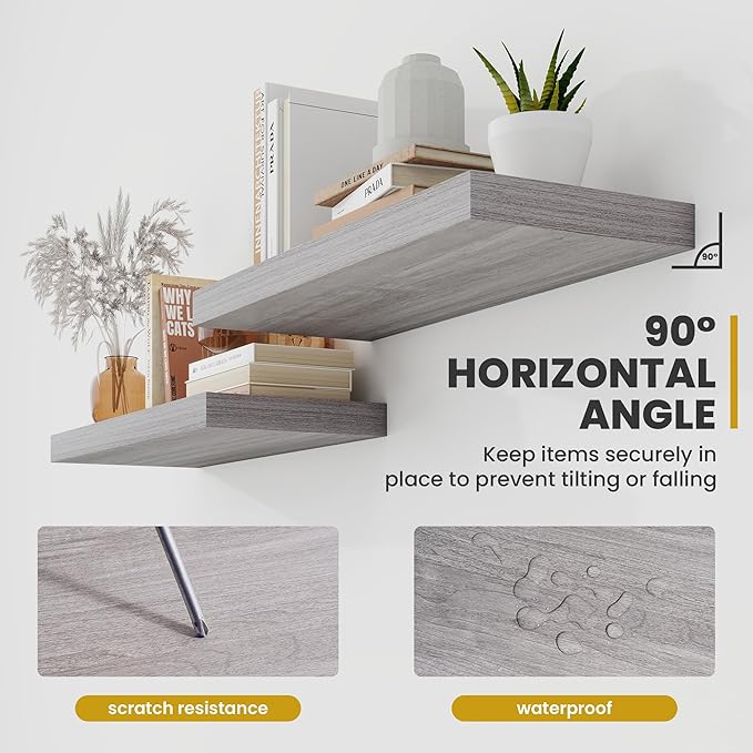 16 Inch Floating Shelves, 9.3" Deep Floating Shelf Wall Mounted, 16" Wall Shelves, Rustic Deep Bookshelf, Large Display Shelves & Storage Shelves for Bedroom, Living Room, Grey, Set of 2
