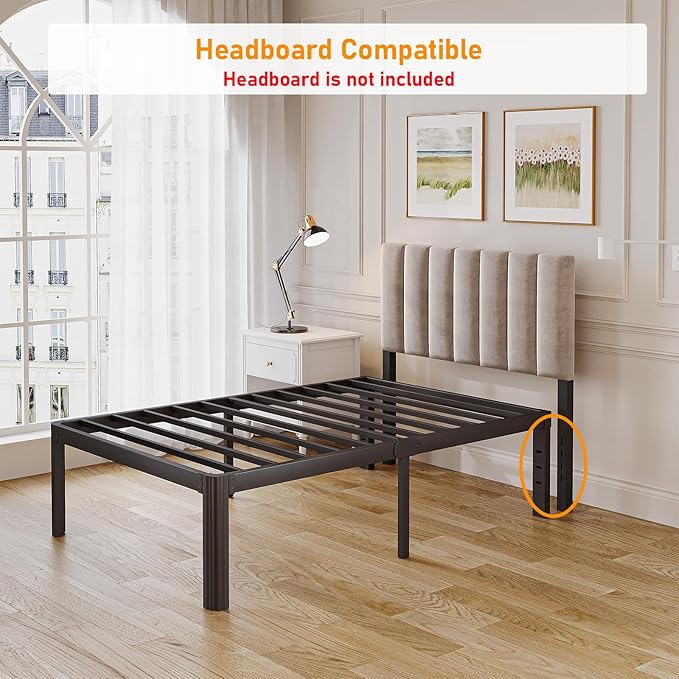 Askeld Bed Frame Twin, 18 Inch High Metal Platform Bed with Round Corner Leg, No Box Spring Needed, Heavy Duty Noise-Free Bed Base, Easy Assembly, Black