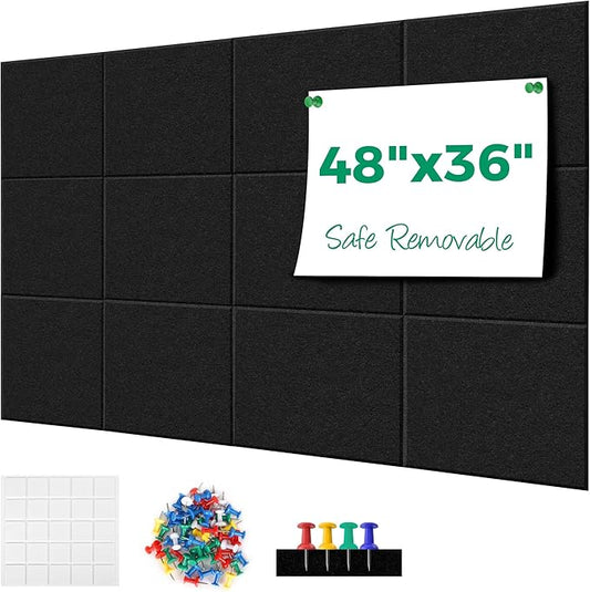 Large Cork Board Alternative - 11.8"x11.8"x0.35" 12 Pack Felt Wall Tiles Self-Adhesive Safe Removable Large Corkboard Bulletin Board Felt Cork Board for Walls Cork Board for Office 48 x 36-Black