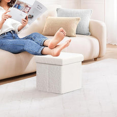 PINPLUS Storage Ottoman Cube Square Shaped Ottomans with Storage Foot Stool Footrest for Lving Room Boucle Ottoman Seat for Dorm Room,Faux Teddy Fur White,12.6
