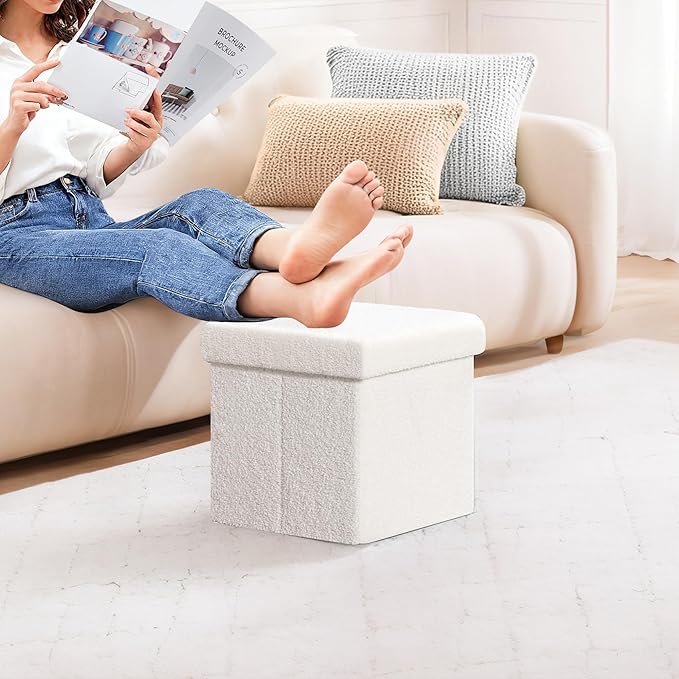 PINPLUS Storage Ottoman Cube Square Shaped Ottomans with Storage Foot Stool Footrest for Lving Room Boucle Ottoman Seat for Dorm Room,Faux Teddy Fur White,12.6"x12.6"x12.6"