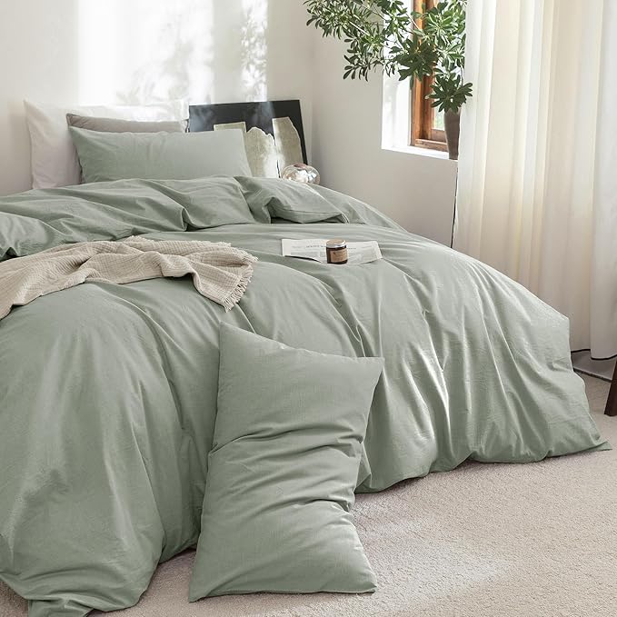 FOSSA Duvet Cover Set 100% Washed Cotton Linen Feel Super Soft Breathable Cozy 3 Pieces Bedding Sets Solid Sage Green Oversized King