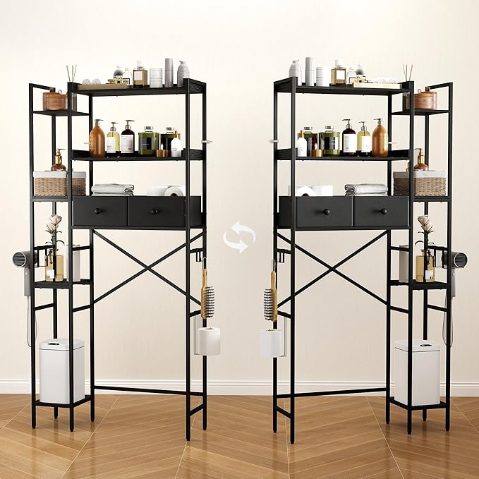 Over The Toilet Storage Cabinet with 2 Drawers - 7 Tier Bathroom Organizer with Adjustable Shelf & Side Rack, Hair Dryer Toilet, Paper Holder & 2 Hooks for Restroom, Laundry, Black