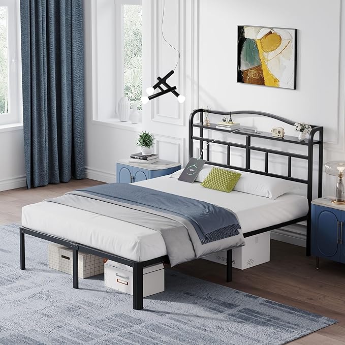 14 Inch Metal Bed Frame - Full Size Black Heavy Duty Bedframe Platform Basic Mattress Foundation with Headboard & Charging Station No Box Spring Needed/Easy Assembly