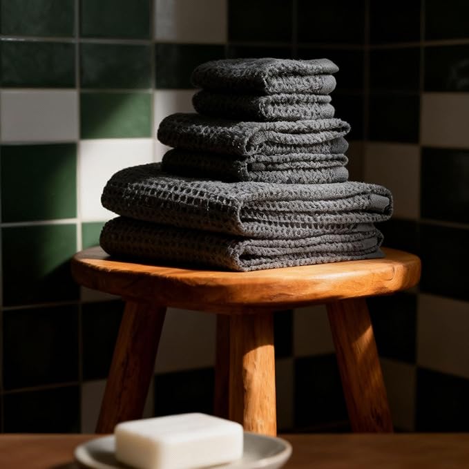 Italic Sedona Waffle Towel Set, 6-Piece 410 GSM 100% Cotton Set Includes 2 Bath Towels, 2 Hand Towels & 2 Washcloths, Quick-Drying (Charcoal)