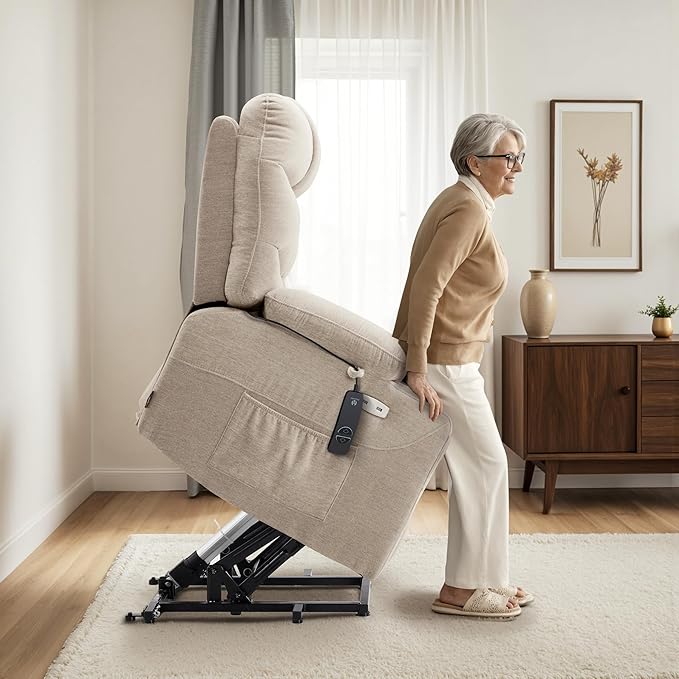 MCombo Oversized Power Lift Recliner Chair with Extended Footrest, Extra Wide 27.2" for Big and Tall Elderly People, Fabric R7289 (Oatmeal, Medium-Oversize)