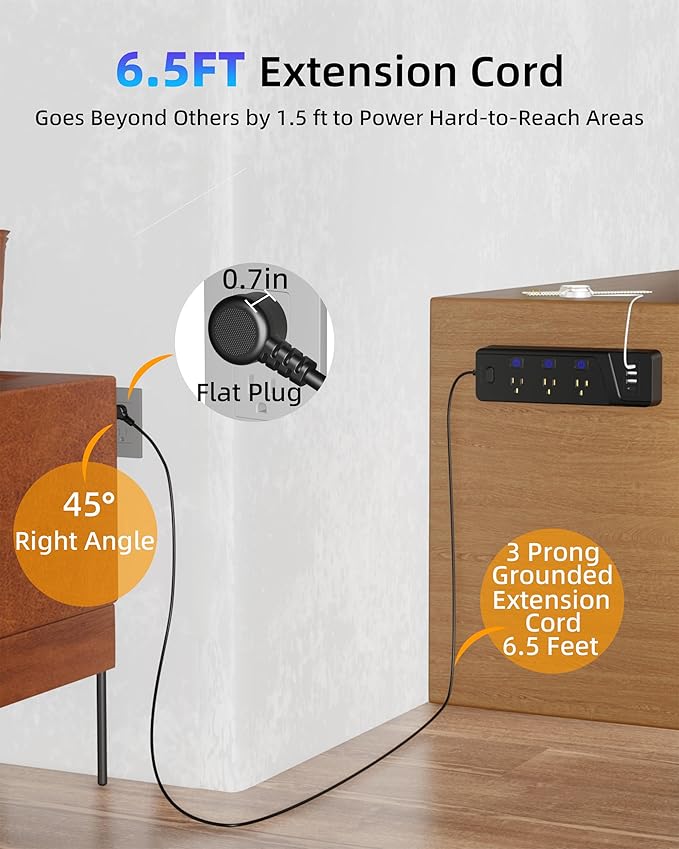 Surge Protector Power Strip with Individual Switches - 6 Wide Spaced Outlet 4 USB Ports(2 USB C), 6.5ft Extension Cord with Switch On/Off, 1500J,3 Prong Flat Plug, Wall Mount for Home Office