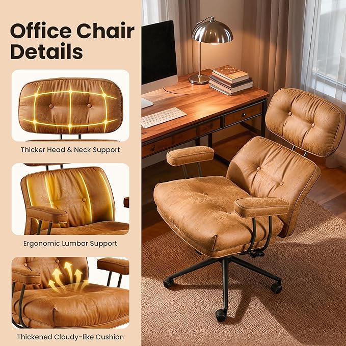 Home Office Desk Chair, Mid-Century Modern Office Chair with Adjustable Lumbar Support, Thickened Cushion Executive Desk Chair with 360 Rolling Swivel for Meeting Game Study Room(Light Brown)