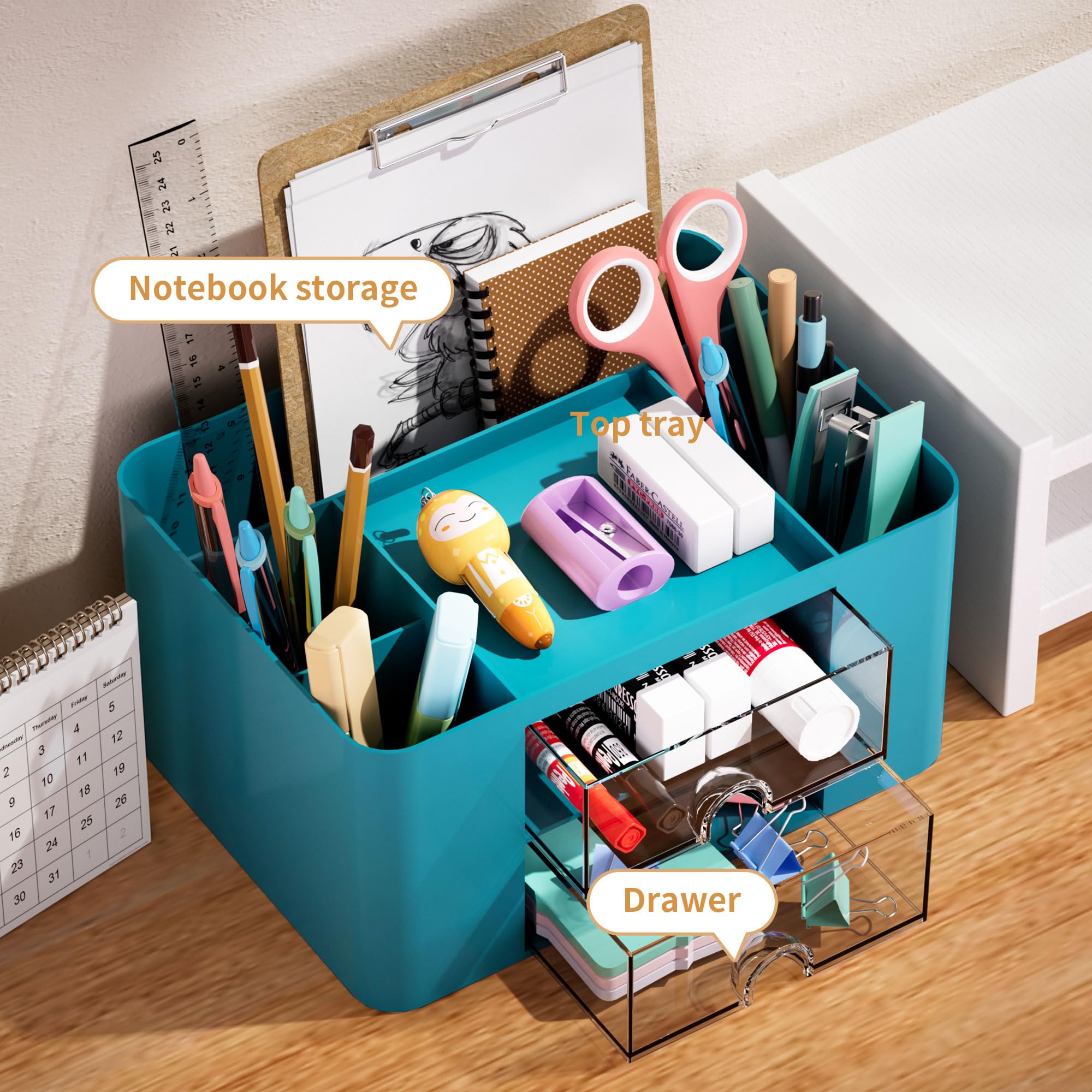 Marbrasse Pen Organizer with 2 Drawer, Multi-Functional Pencil Holder for Desk, Desk Organizers and Accessories with 5 Compartments + Drawer for Office Art Supplies (Blue) Dormly