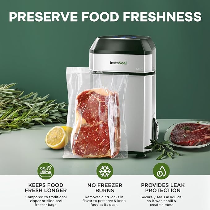 Vacuum Sealer for Food with 12 Bags, Preserves Foods 5x Longer, Space Saving Compact Upright Design Allows Machine to Seal Marinades, Soups, Meats for Sous Vide Cooking, Vegetables