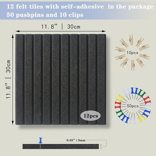 Large Black Cork Board Alternative-12 Pcs Self-Adhesive Felt Bulletin Board Tiles, Felt Pin Board Cork Board Tiles for Home Office Wall Decor, Tack Board 47"x35"