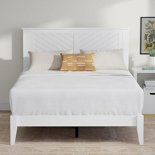 Serene Farmhouse Style Wood Bed in Full Size with Chevron Scoring Headboard, Coastal Modern Design, Sturdy, Easy Assembly, Ample Underbed Storage, White Finish