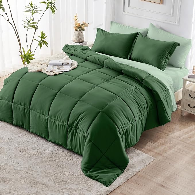 JOLLYVOGUE Queen Comforter Set, Ultra-Soft Bed in a Bag Queen Size 7 Pieces, Oeko-TEX Certified Bedding Set with Down Alternative Comforter, Sheets, Pillowcases & Shams, Dark Green & Light Green