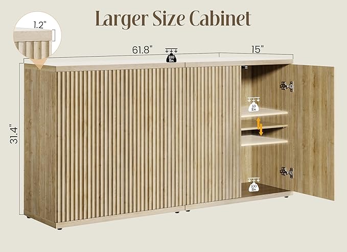 Fluted Buffet Cabinet Sideboard with Storage,Wooden Credenza with 2 Doors&Adjustable Shelve, Modern Accent Cabinets Coffee Bar Bookcase for Living Room,Kitchen Dining Room Entryway 15"D Natural Oak