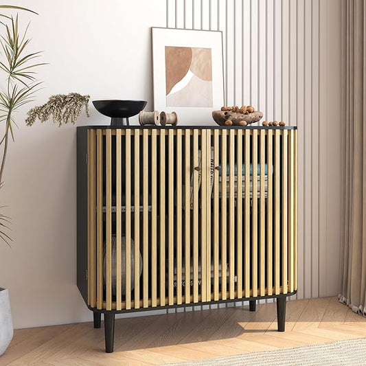 Sideboard Buffet Cabinet with Slatted Bamboo Doors, 31.5" Accent Storage Cabinet with Curved Design, Coffee Bar Cabinet Credenzas for Living Room, Kitchen, Entryway