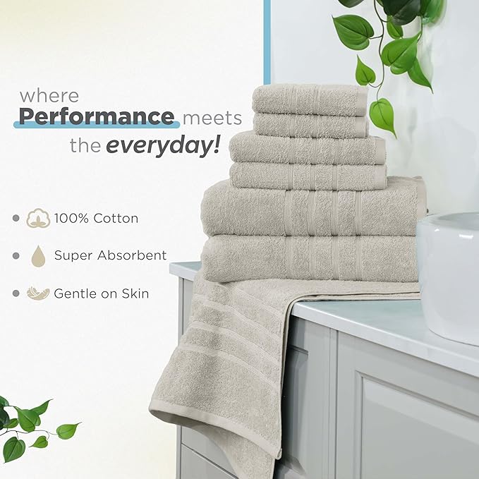 Martex 6-Piece Towel Set – Ultimate Performance – 100% Cotton – 2 Bath Towels – 2 Hand Towels – 2 Wash Cloths – Versatile – Low-Linting – Supersoft & Absorbent Bathroom Set – Easy Care – New Sand