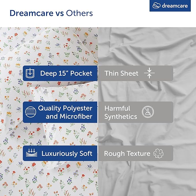 DREAMCARE Queen Size Sheets - Cooling Bed Sheets - 4pcs Set - Queen Sheet Set - Sheets Queen Size Bed - Queen Size Sheet Sets - Soft & Long Lasting 100% Fine Brushed Floral Sheets - Multi Floral DREAMCARE