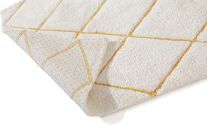 Organic Cotton Bathroom Rug, Luxury Non Slip Ultra Soft & Water Absorbent Bath Mat, Diamonds Design Premium Rug, Perfect for Tub & Shower, Toilet Floors, Door Mat (36"x24", Ivory & Yellow Ochre)