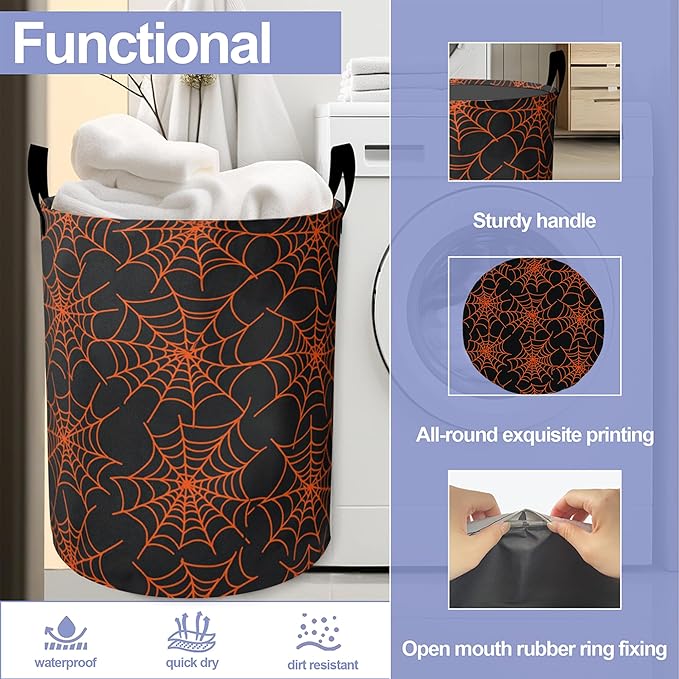 Halloween Spider Web Laundry Hamper Large Canvas Fabric Lightweight Storage Basket/Dirty Clothes Collapsible Waterproof for College Dorms, Boys and Girls Bedroom,Bathroom