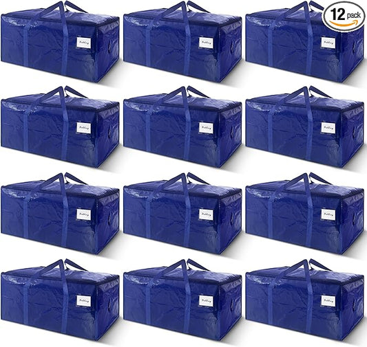 12 Pack Extra Heavy Duty Large Moving Bags with Strong Zipper & Carrying Handles, Sturdy Clothes Storage Bags Totes Bins, Packing Bag Move Boxes College Moving Supplies, Dark Blue - 24 gal