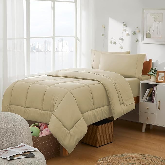 Dorm Room Essentials College Bedding Comforter Set 5 Piece Twin XL Size Bed in a Bag for College Students Boys and Girls, Twin XL, Taupe