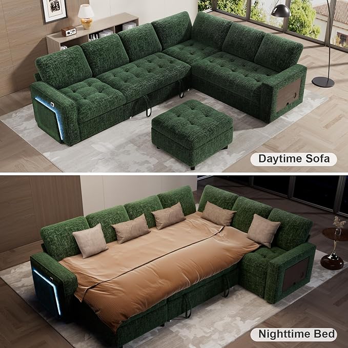 WEUP 7 Seat L Shaped Sectional Sleeper Sofa Bed with Pull Out Bed, Chenille Sectional Sleeper Couch with Ottoman, Adjustable Backrest, USB Ports, LED, Side Table, Tool-Free Assembly, Chenille Green