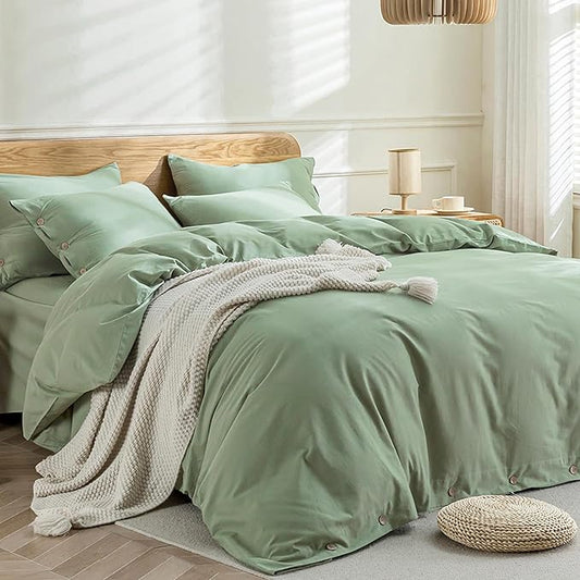 JELLYMONI Cotton Duvet Cover Twin Size - Light Green Comforter Cover with Button 100% Washed Cotton 2PCS Breathable Soft Solid Bedding Set Duvet Cover 68×90in & 1 Pillowcase (NO Comforter)