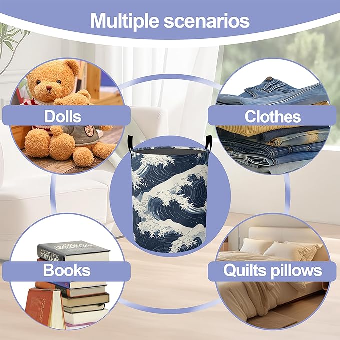 Japanese Style Waves Laundry Hamper Large Canvas Fabric Lightweight Storage Basket/Dirty Clothes Collapsible Waterproof for College Dorms, Boys and Girls Bedroom,Bathroom