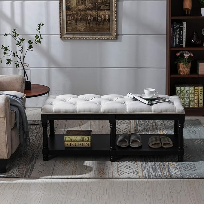 Chairus Storage Bench 45.5 "W Extra-Long Button Tufted Entryway Bench with Wood Shoes Rack End of Bed Bench with Fabric Linen Upholstered Rectangular Seat for Bedroom Hallway Living Room Window, Beige