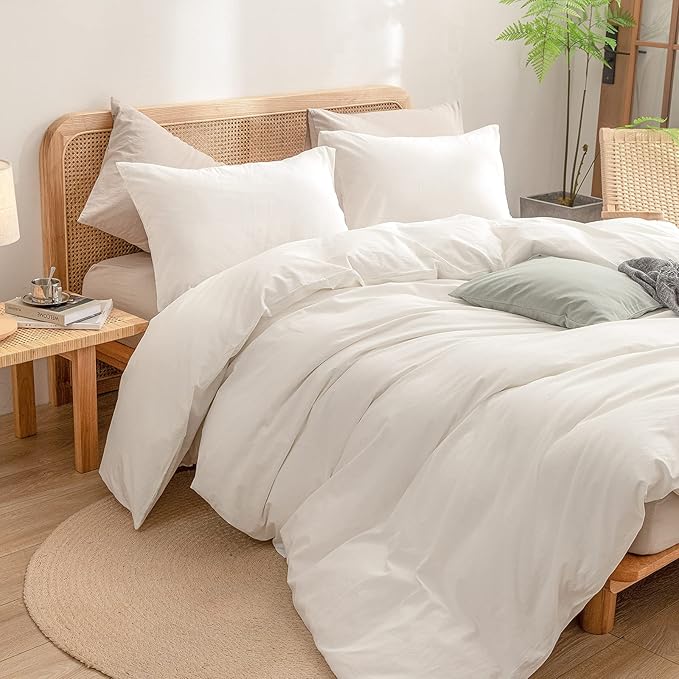 BESTOUCH Duvet Cover Set 100% Washed Cotton Linen Feel Super Soft Comfortable Chic Lightweight 3 PCs Home Bedding Set Solid Off White Super King Plus