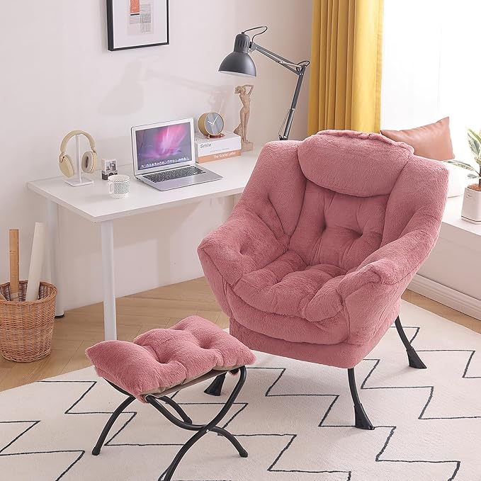 Tiita Lazy Chair with Ottoman, Modern Large Accent Lounge Armchair, Comfy Leisure Sofa Reading Chair with Footrest for Bedroom, Living Room, Dorm Rooms, Garden and Courtyard, Plush Dark Pink