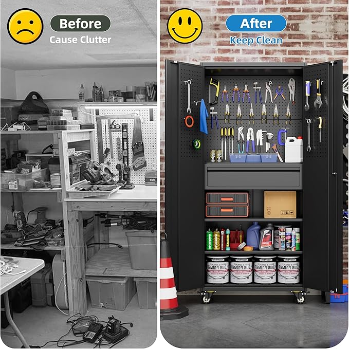 SUXXAN 71" Metal Garage Storage Cabinet with 16 Hooks and Pegboards,1 Drawer Inside Rolling Tool Storage Cabinet with Adjustable Shelves,3 Metal Hanging Rod for Garage,Warehouse