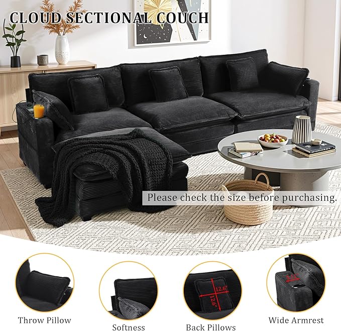 Gexpusm Modular Sectional Sofa,99" Couches for Living Room,Corduroy Sofa with Ottoman & Pillow,Cloud Sectional Couch with Cup Holders & USB,Side Pockets,3-Seat Corduroy Boneless Chair Indoor,Black