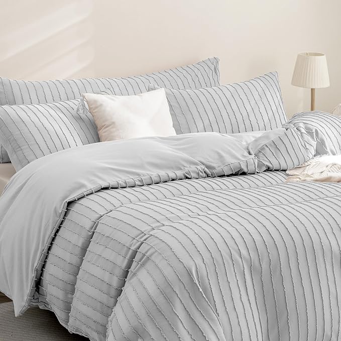 JELLYMONI Duvet Cover King Size Light Grey - 3PCS Boho Striped Duvet Cover Set Polyester Tufted Bohemian Textured Comforter Cover 104×90in with Corner Ties & Zipper and 2 Pillowcases