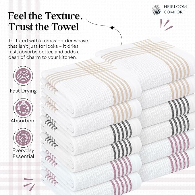 Multi White Kitchen Towels 12 Pack, 16x26 Inch, 100% Cotton Waffle Weave, Super Absorbent, Quick Dry, Reusable Dish Towels for Cleaning, Drying, Cooking, Beige, Black, Burgundy Wine